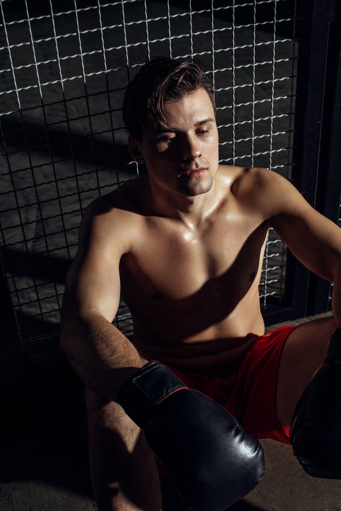 Visão de alto ângulo de boxeador cansado em luvas pretas sentado no chão
 - Foto, Imagem