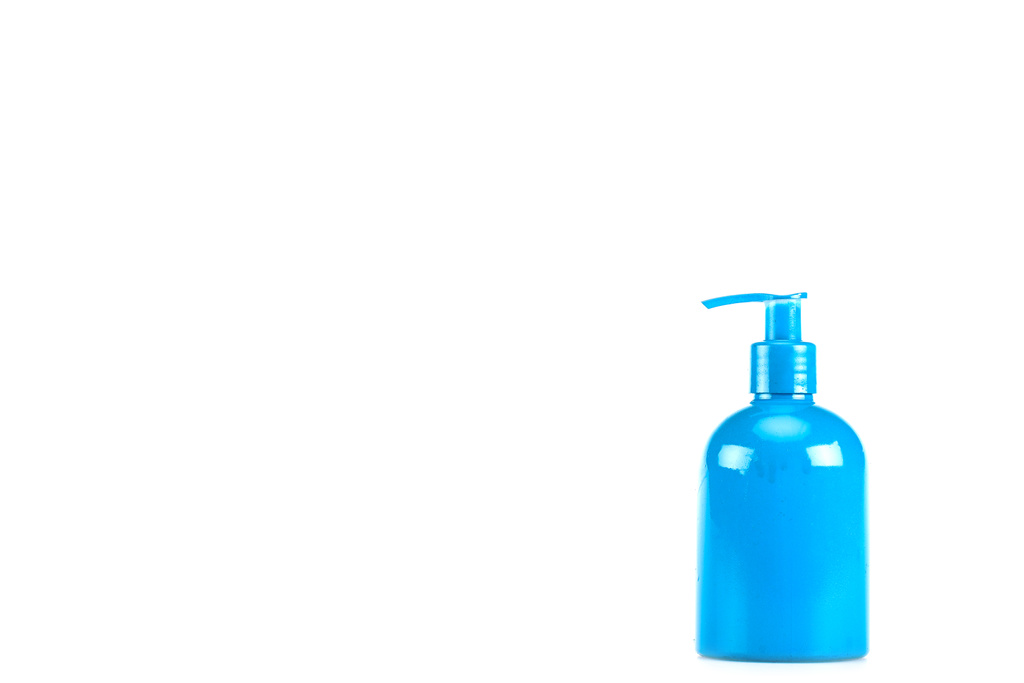 Frasco cosmético azul con spray aislado en blanco
 - Foto, Imagen