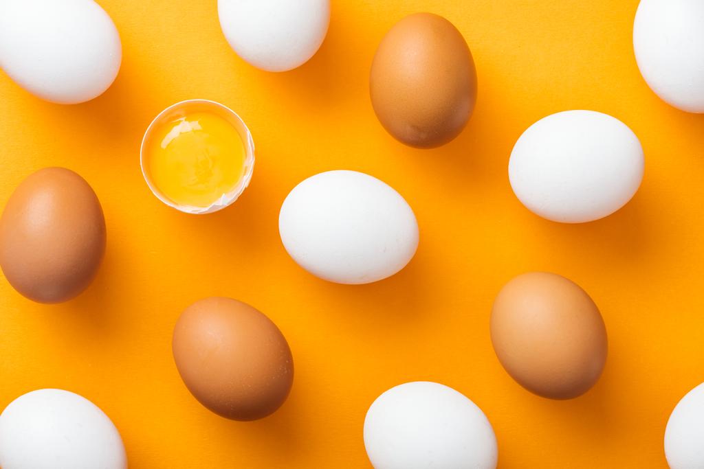 felülnézet az egész fehér és barna friss csirke tojás összetört egy élénk narancssárga háttér  - Fotó, kép