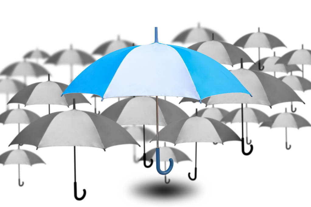 Paraguas excepcional con paraguas pequeño en color monocromo sobre fondo blanco, éxito y solo elegir entre muchas opciones, concepto de trabajo de éxito
 - Foto, Imagen