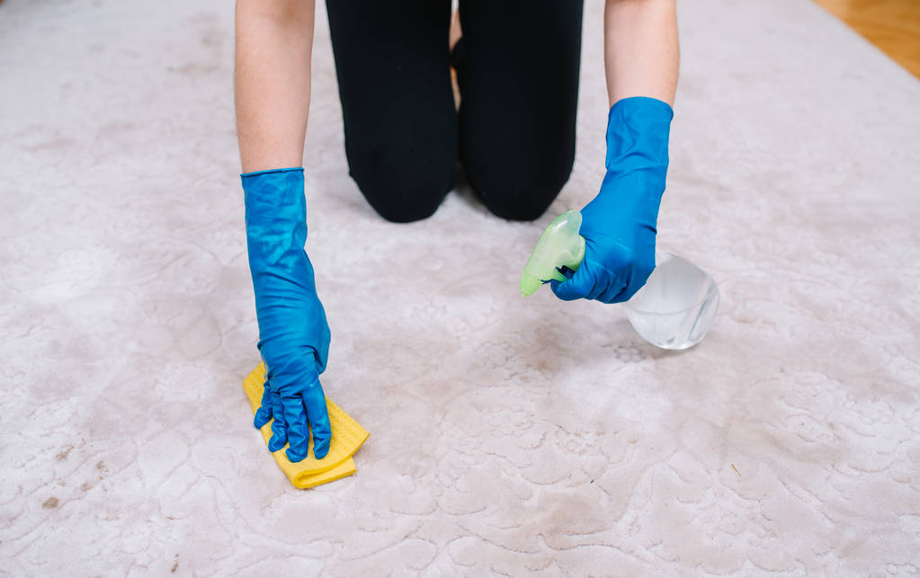 people, housework and housekeeping concept - close up of woman in rubber gloves with cloth and derergent spray cleaning carpet at home. close up of woman with cloth cleaning carpet - Photo, Image
