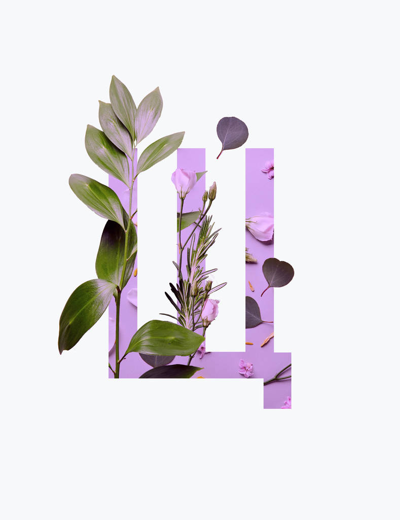 Lettre cyrillique avec feuilles vertes sur fond violet clair isolé sur blanc
 - Photo, image