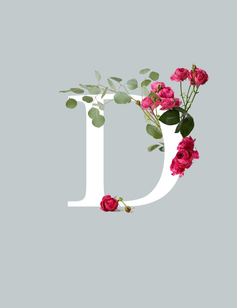 lettre blanche D avec roses roses et feuilles vertes isolées sur gris
 - Photo, image