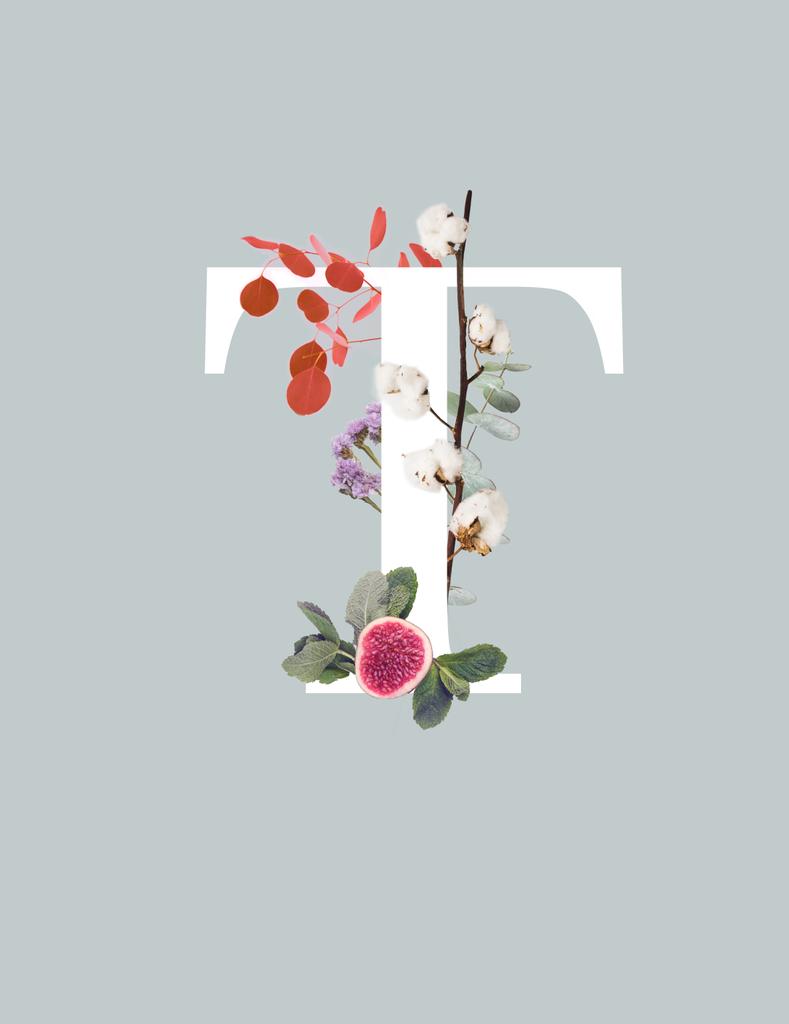 biała litera T z bawełnianą gałęzią, fig i zielone liście izolowane na szaro - Zdjęcie, obraz