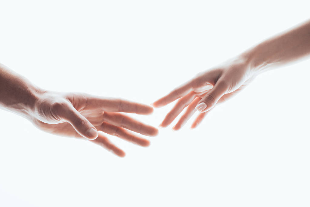 selective focus of female and male hands isolated on white - Photo, Image