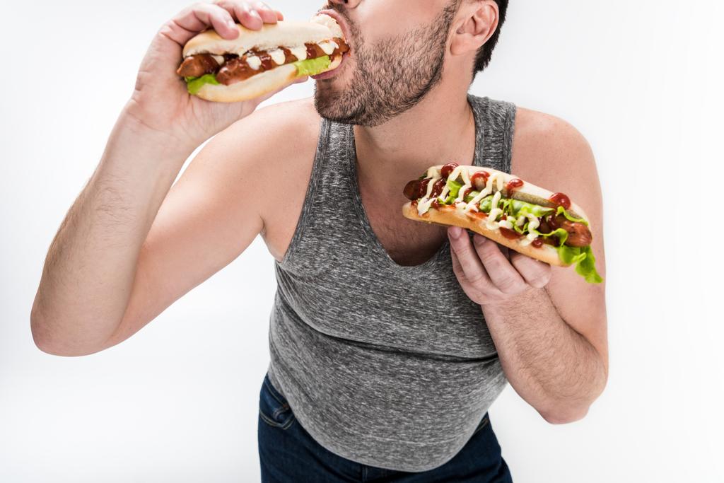 rajattu näkymä ylipainoinen mies syö hot dog eristetty valkoinen
 - Valokuva, kuva