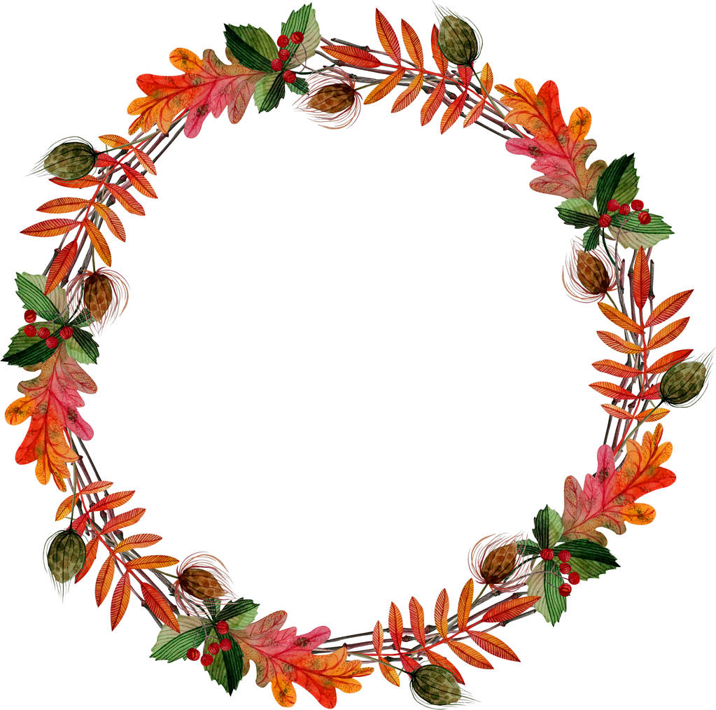 ronde frame krans herfst groen oranje rode bladeren tak Rowan, kastanje eik Samara geïsoleerd  - Foto, afbeelding