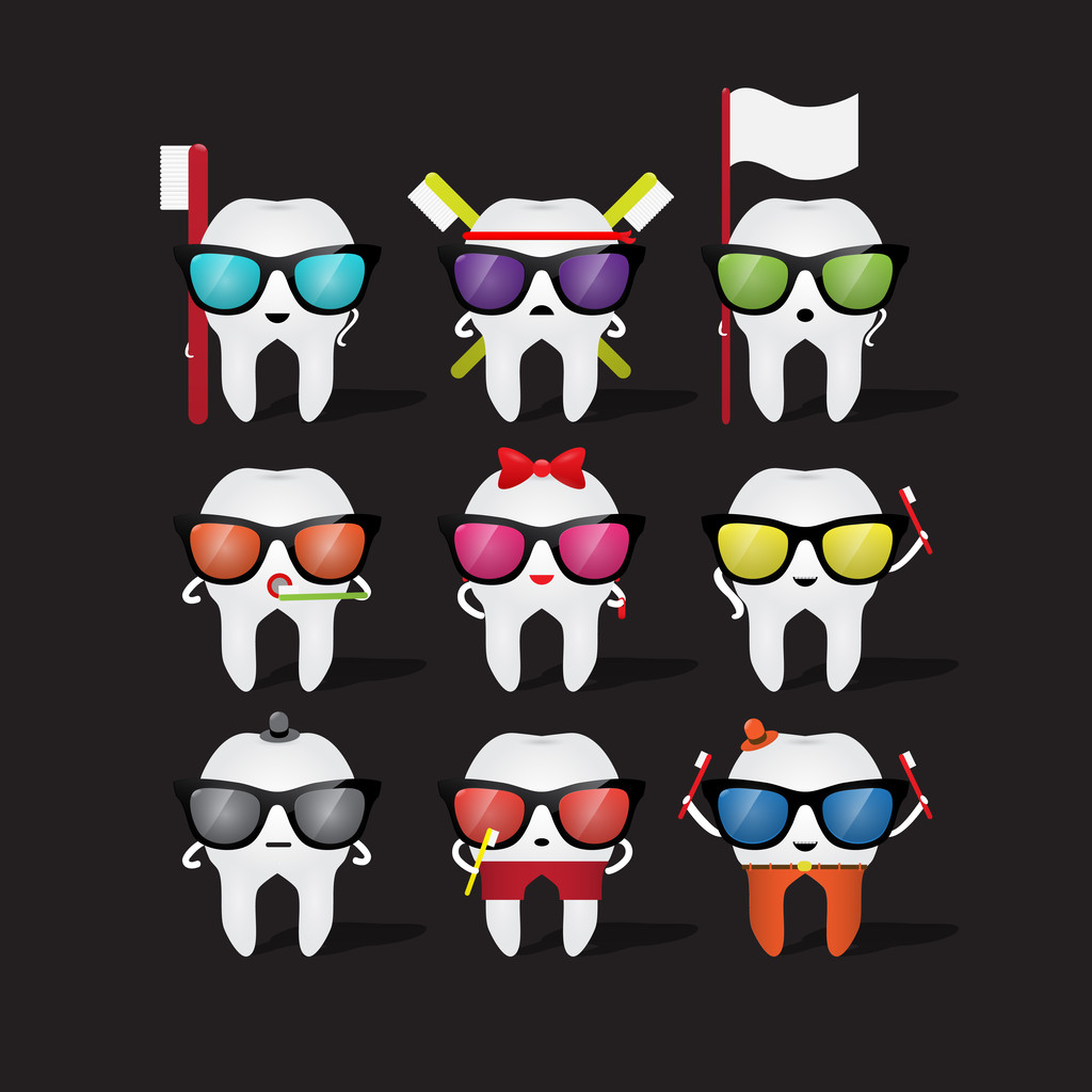 Set de iconos. Diente de dibujos animados sosteniendo un cepillo de dientes
 - Vector, Imagen