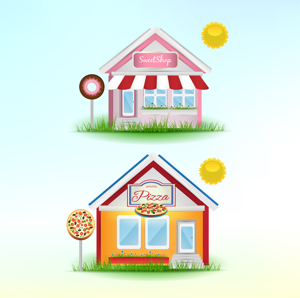 Ensemble de boutiques de dessins animés. Pizzeria et Sweet shop. Illustration vectorielle
. - Vecteur, image