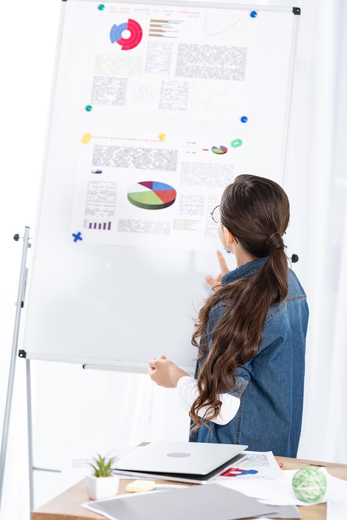 πίσω όψη του παιδιού στέκεται κοντά σε λευκό πίνακα με διαγράμματα και γραφήματα  - Φωτογραφία, εικόνα