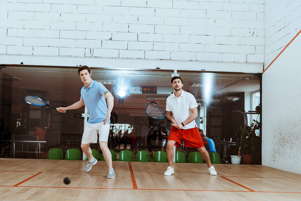 Volledige lengte uitzicht van twee sporters spelen squash in vierwandige Hof - Foto, afbeelding