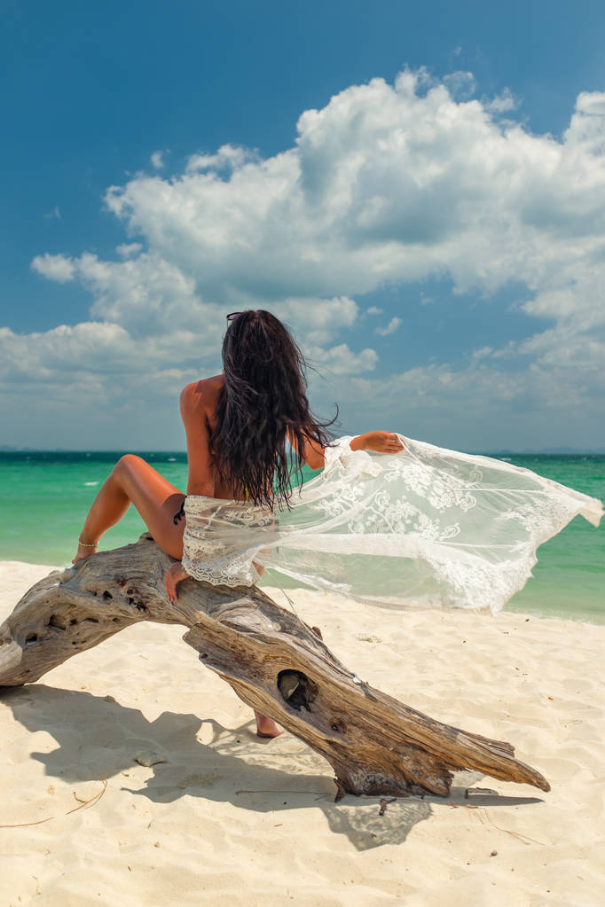 Mulher desfrutando de suas férias em um transat na praia tropical
  - Foto, Imagem