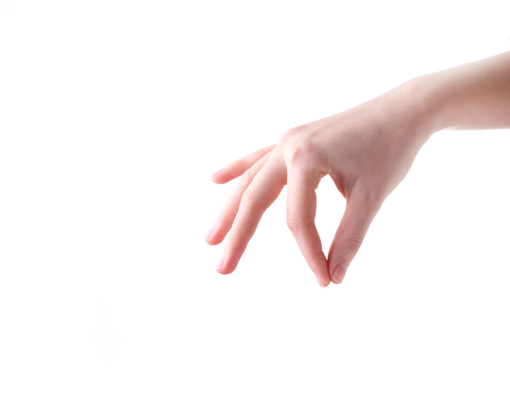 Жест женской руки на белом фоне, крупным планом
 - Фото, изображение