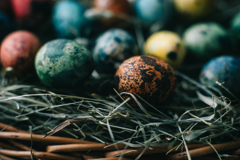 Kwartel Pasen eieren in een mand op het hooi. Pasen-concept - Foto, afbeelding