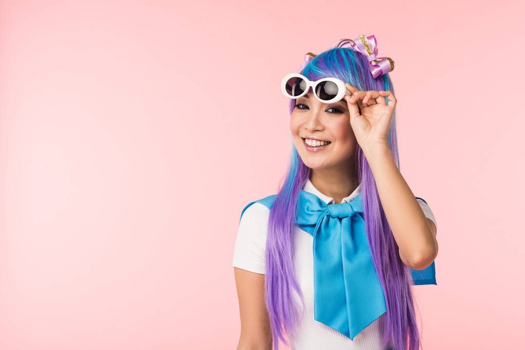 Smiling Anime Girl In Wig And Sunglasses Free Stock Photo and Image