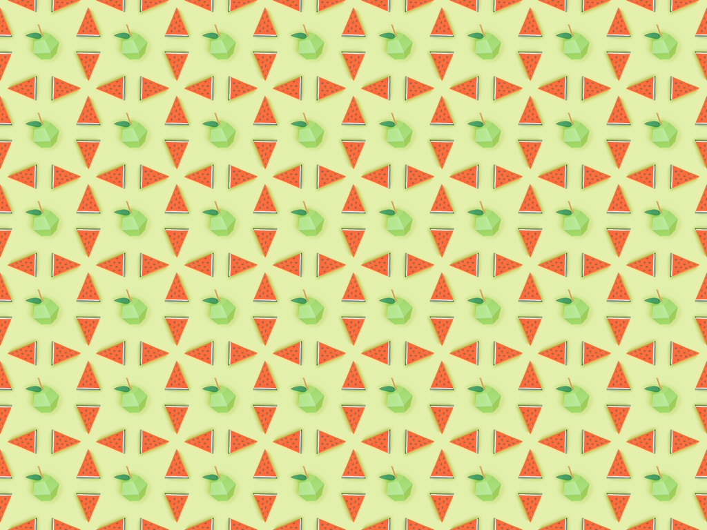 Widok z góry bez szwu z ręcznie robionymi kartonkami jabłek i plastrów arbuzowych na zielono - Zdjęcie, obraz