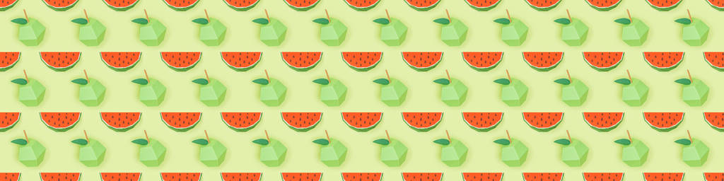 plano panorámico de patrón con manzanas de cartón hechas a mano y rodajas de sandía aisladas en verde
 - Foto, imagen