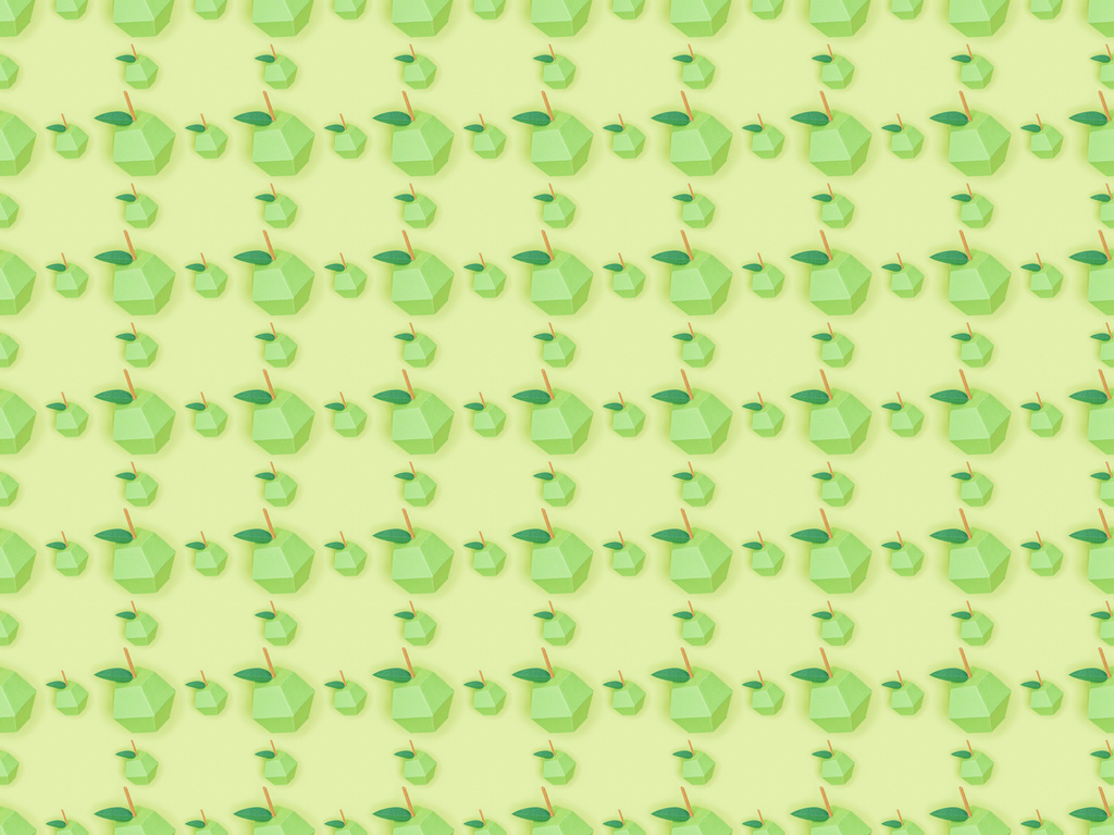 вид сверху текстурированного узора с бумажными яблоками ручной работы, изолированными на зеленом
 - Фото, изображение