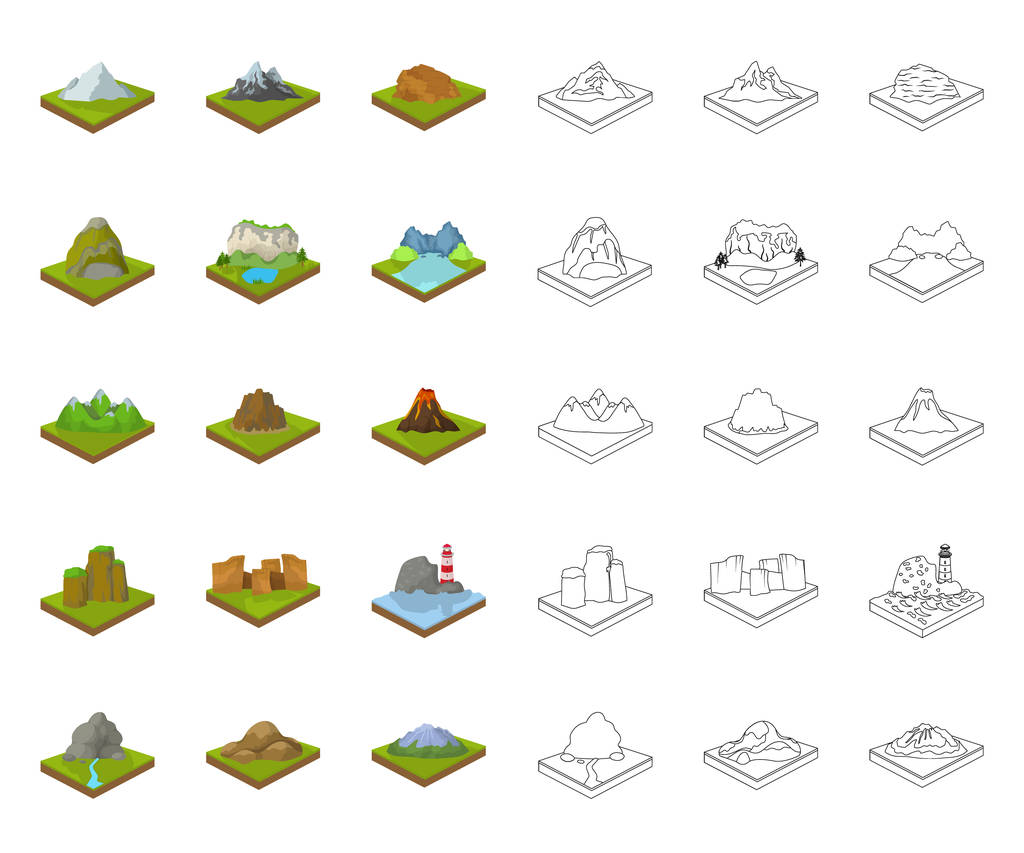 Mountains, massive cartoon,outline icons in set collection for design. The surface of the earth vector isometric symbol stock web illustration. - Vector, Image