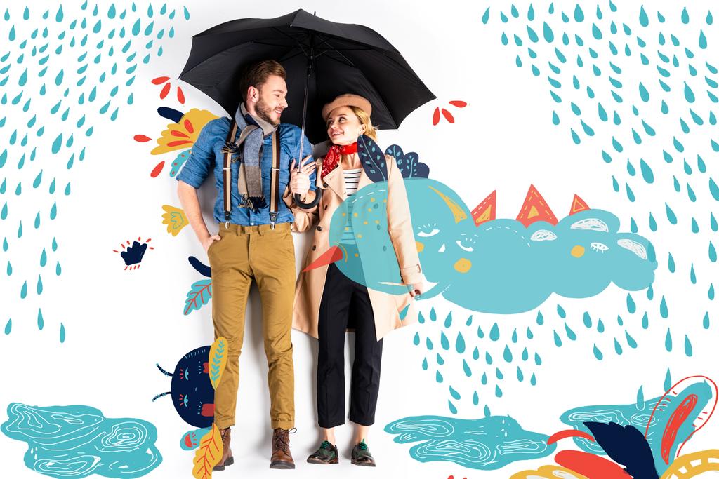 雨と雲のイラストで傘の下に一緒に立っている幸せなエレガントなカップル  - 写真・画像