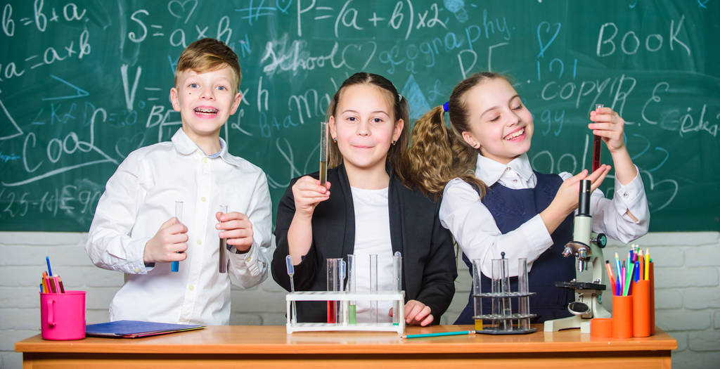 Group school pupils study chemical liquids. Girls and boy student conduct school experiment with liquids. Check result. School chemistry lesson. Test tubes with colorful substances. School laboratory - Photo, Image