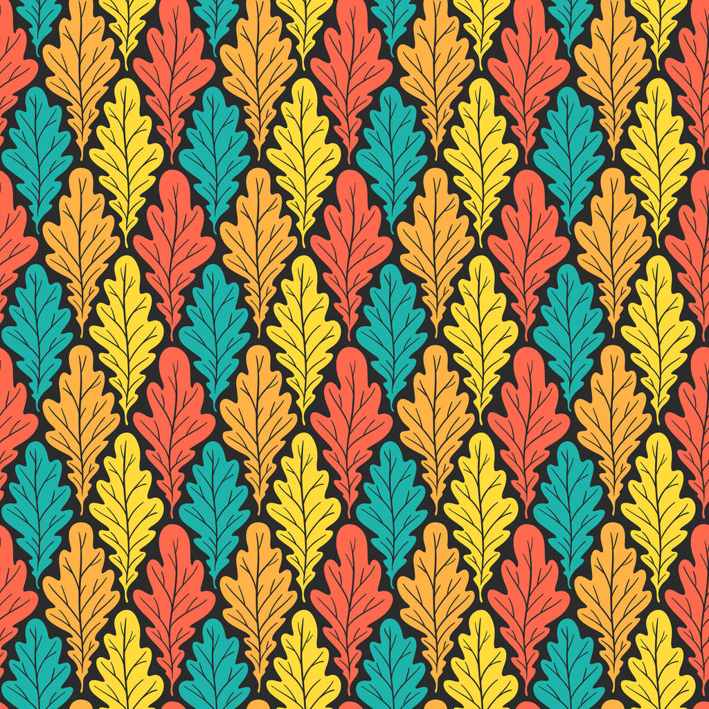 Stilizált színes sziluett tölgy levelek varrat nélküli mintát. Természet egyetemes textúrák. A kézzel rajzolt dekoratív virágos Dísznövény háttér. Vektoros illusztráció - Vektor, kép