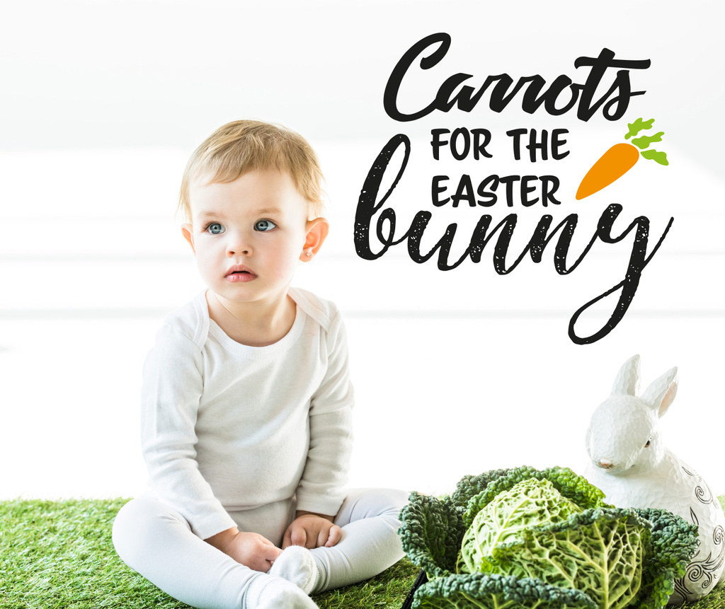 carino bambino seduto vicino verza e coniglio decorativo con carote per il coniglietto di Pasqua illustrazione su sfondo bianco
 - Foto, immagini