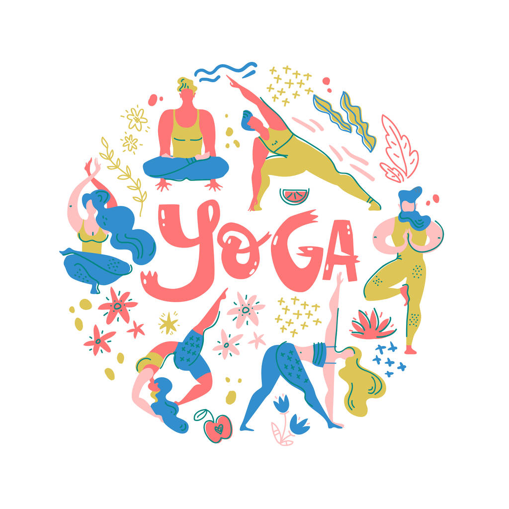 Illustrazione vettoriale rotonda con yogi, piante e fiori. Grafica semplice piatta, stile scandinavo. Pratica di yoga
. - Vettoriali, immagini