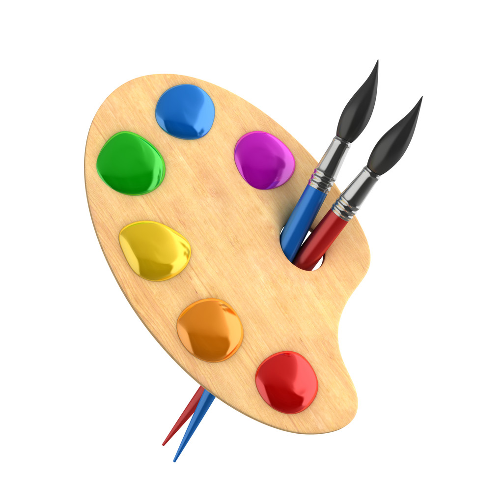 Wooden art palette with paints and brushes - Photo, Image