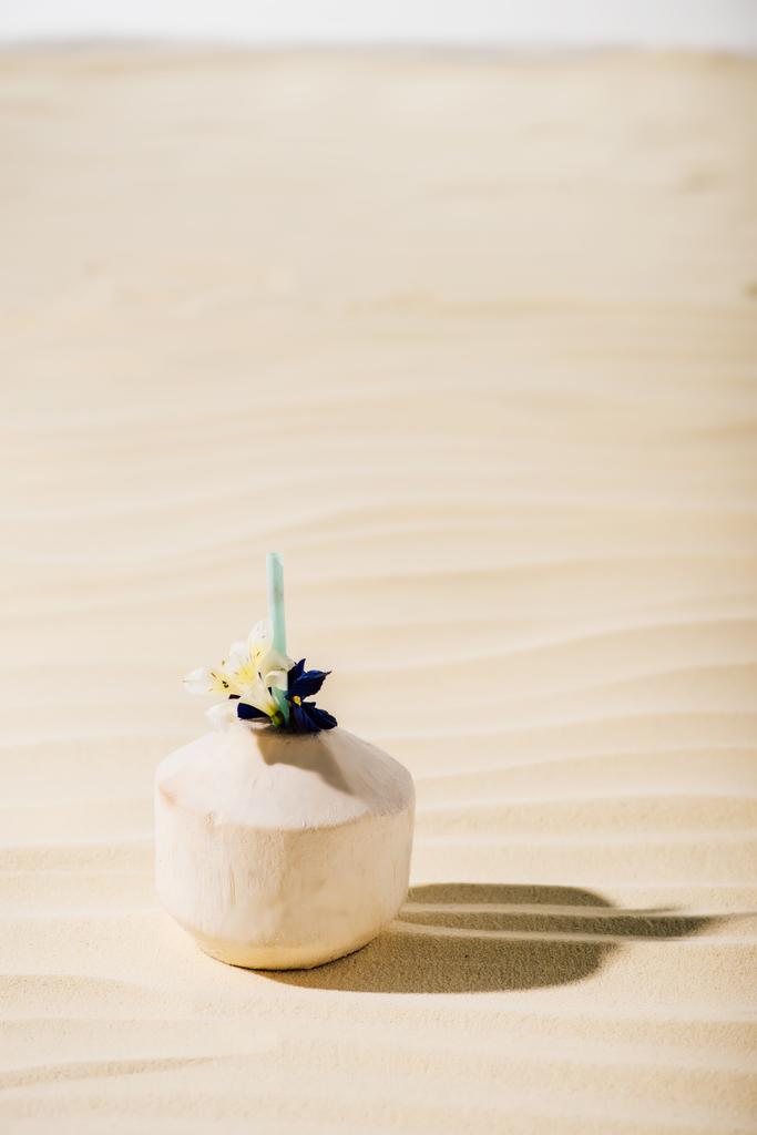 κοκτέιλ καρύδας με λουλούδι στην αμμώδη παραλία με χώρο αντιγραφής - Φωτογραφία, εικόνα