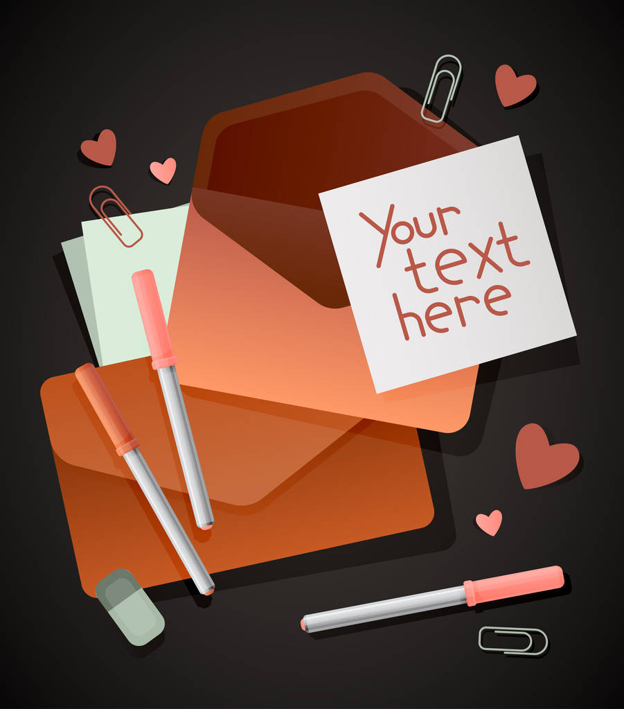 Illustration with envelopes for letters or valentines cards with note paper, pens and paper clips - Vector, Image