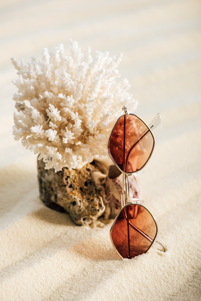 luonnollinen valkoinen koralli aurinkolasit hiekkarannalla
 - Valokuva, kuva