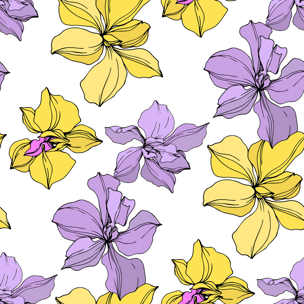 Κίτρινα και βιολετί λουλούδια ορχιδέα. Χαραγμένη τέχνη μελανιού. Ομαλή μοτίβο φόντου.  - Διάνυσμα, εικόνα