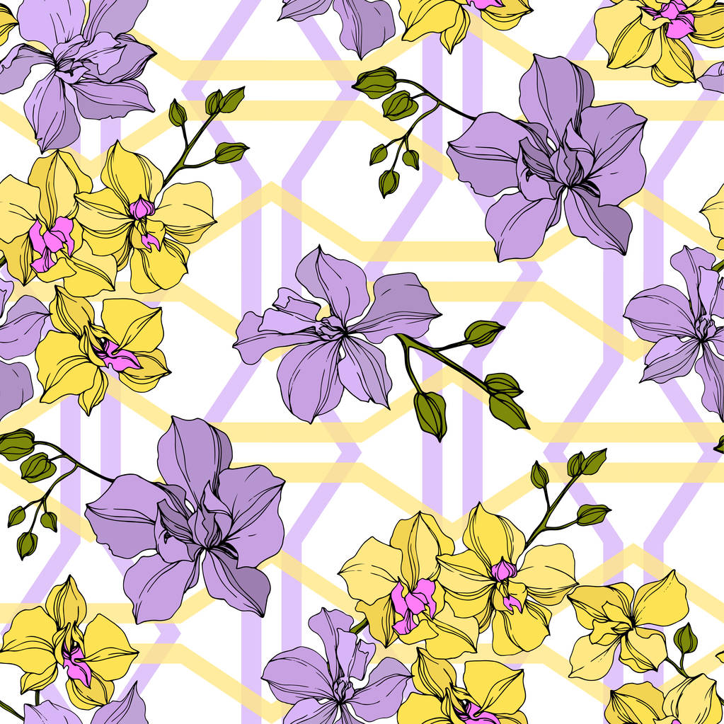 Vektor sárga és lila orchidea virágok. Gravírozott tinta művészet. Folytonos háttérmintázat.  - Vektor, kép