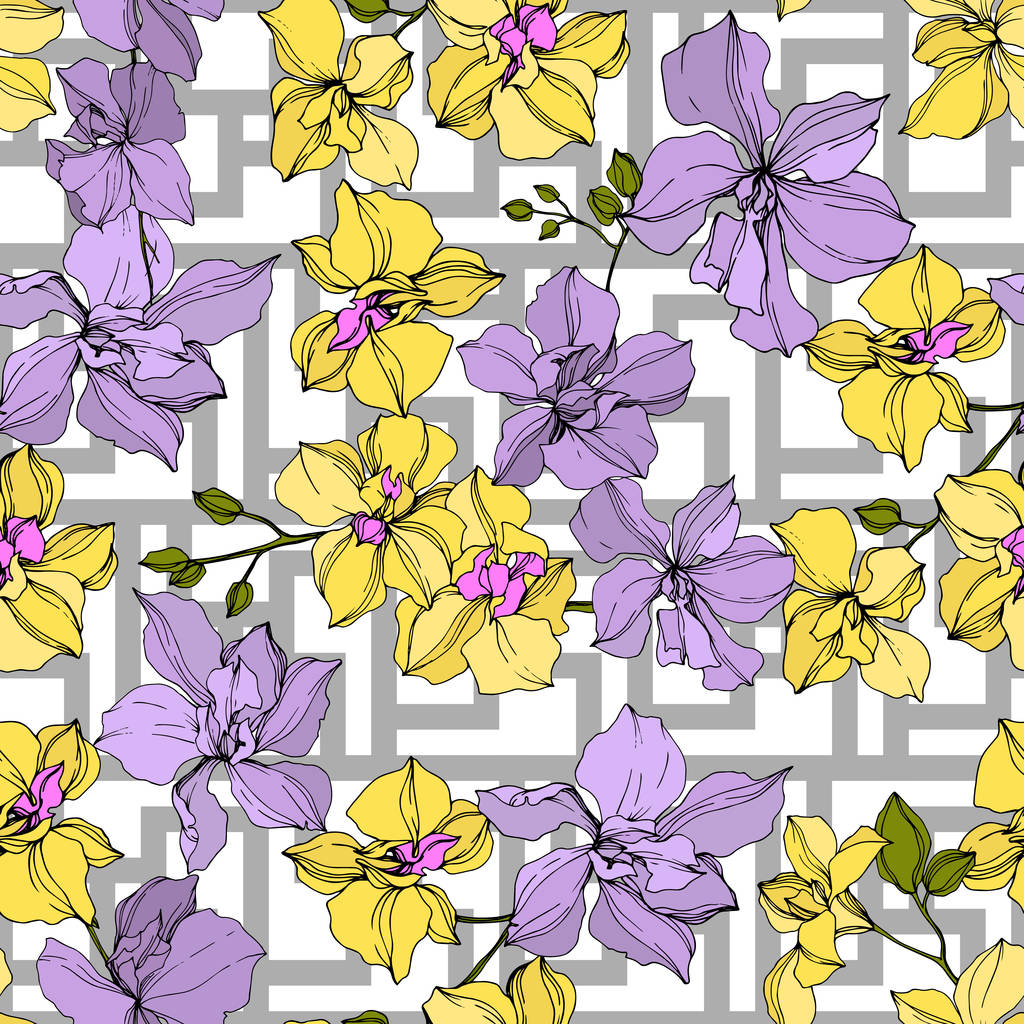ベクトルイエローとバイオレット蘭の花。インクアートを彫刻。シームレスな背景パターン.  - ベクター画像