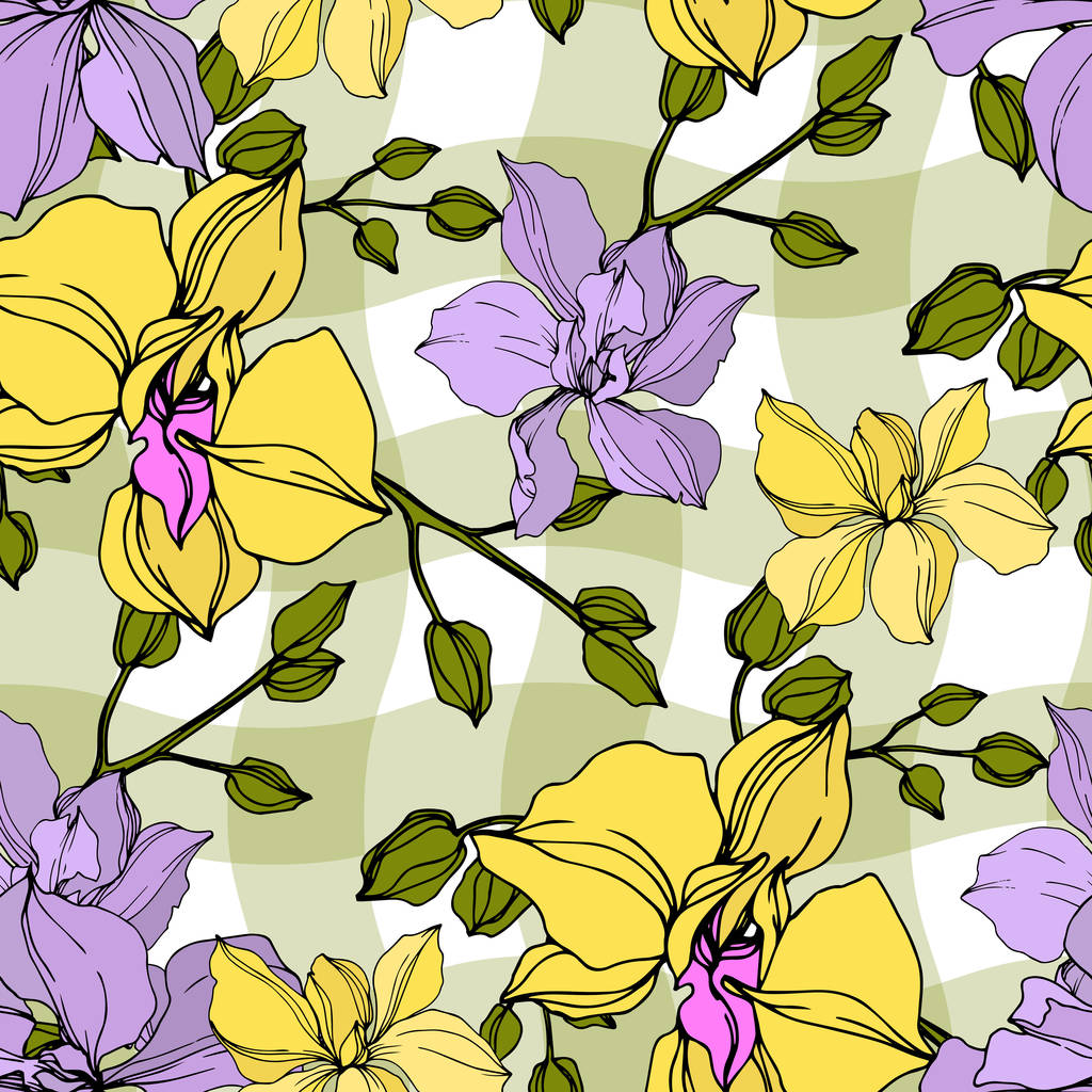 Wektor żółte i fioletowe kwiaty orchidei. Grawerowana sztuka atramentu. Płynny wzór tła.  - Wektor, obraz