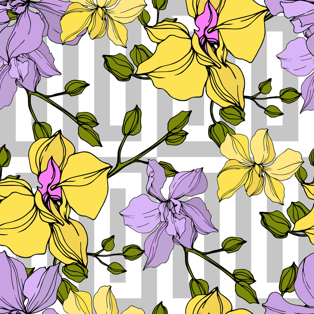 Fiori di orchidea vettoriale gialla e viola. Incisione a inchiostro art. Modello di sfondo senza soluzione di continuità
.  - Vettoriali, immagini