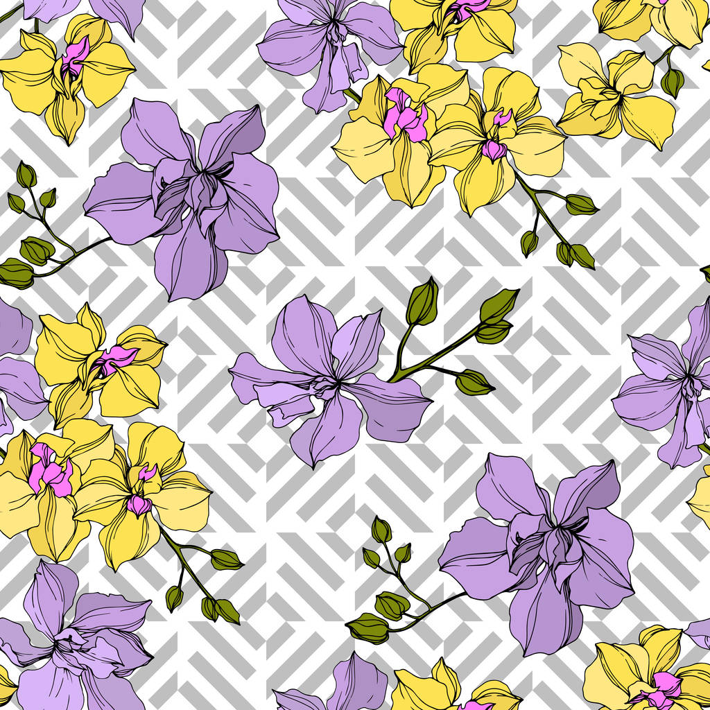Vector yellow and violet orchid flowers. Engraved ink art. Seamless background pattern.  - Vector, Image