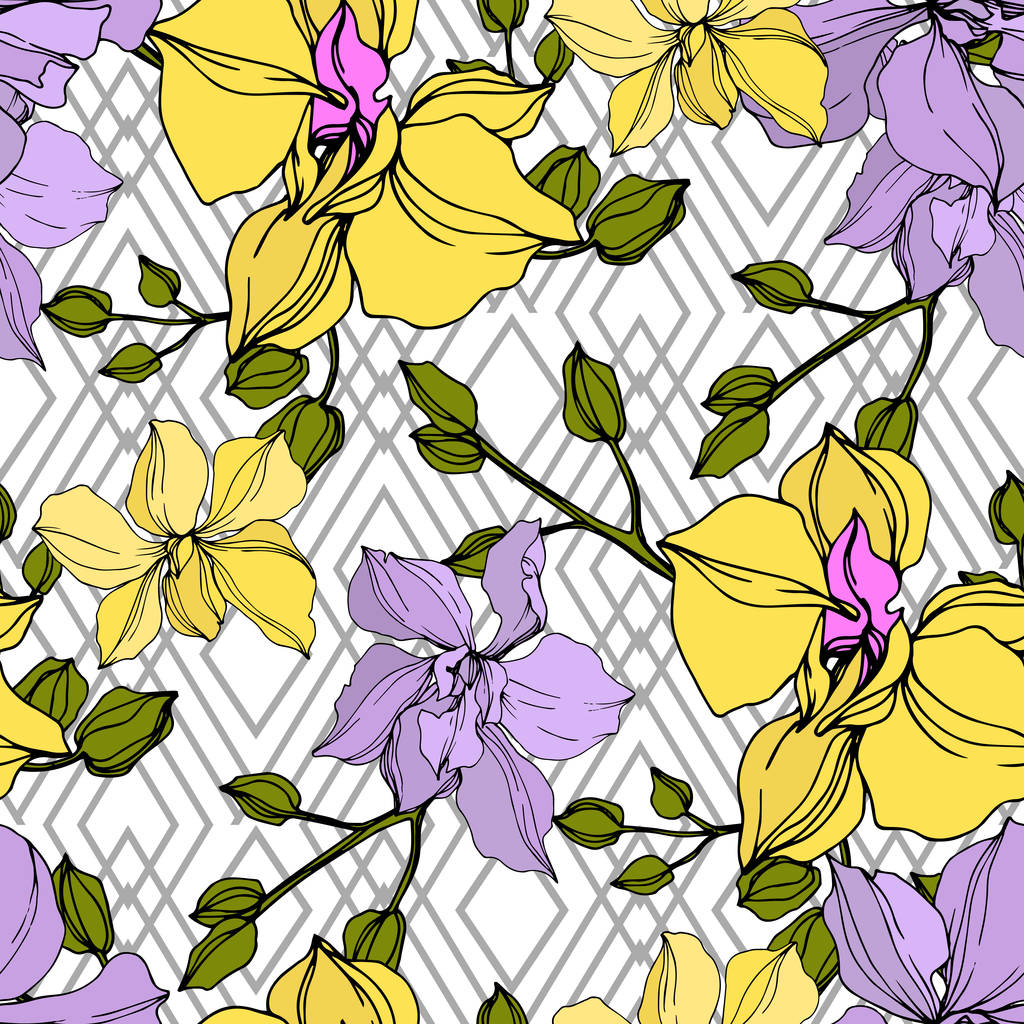 Fleurs vectorielles d'orchidée jaune et violette. Encre gravée. Modèle de fond sans couture
.  - Vecteur, image