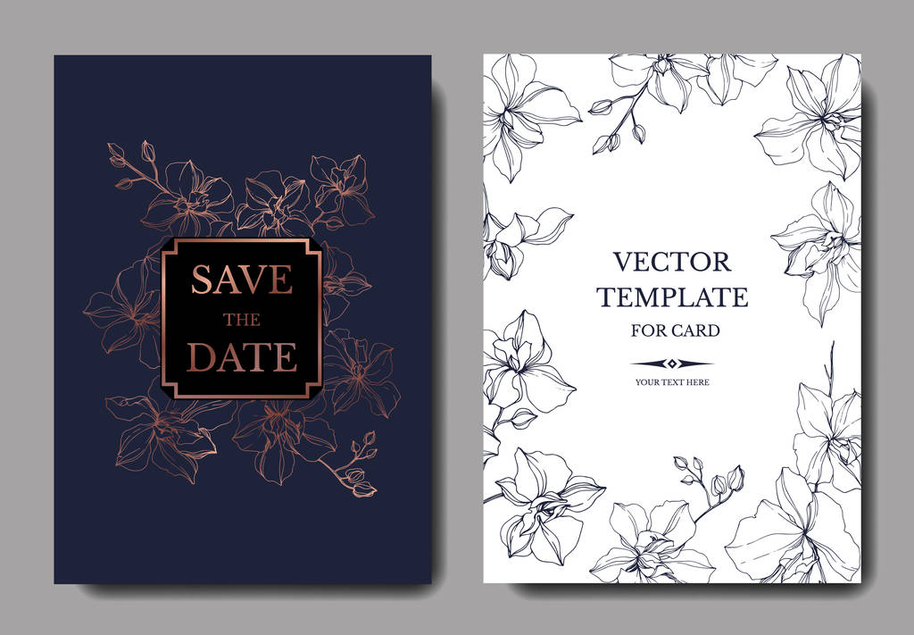Vector orchidee bloemen. Geel en Violet gegraveerd Ink Art. Bruiloft achtergrond kaarten. Uitnodiging elegante kaarten grafische set. - Vector, afbeelding