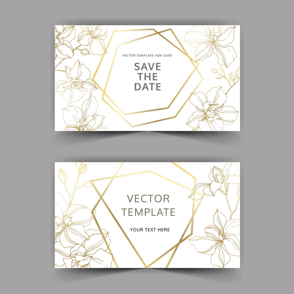 Vector Orchid flowers. Yellow and violet engraved ink art. Wedding background cards. Invitation elegant cards graphic set. - Vector, Image