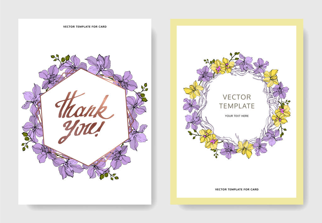 Vector Orchid flowers. Yellow and violet engraved ink art. Wedding background cards. Invitation elegant cards graphic set. - Vector, Image