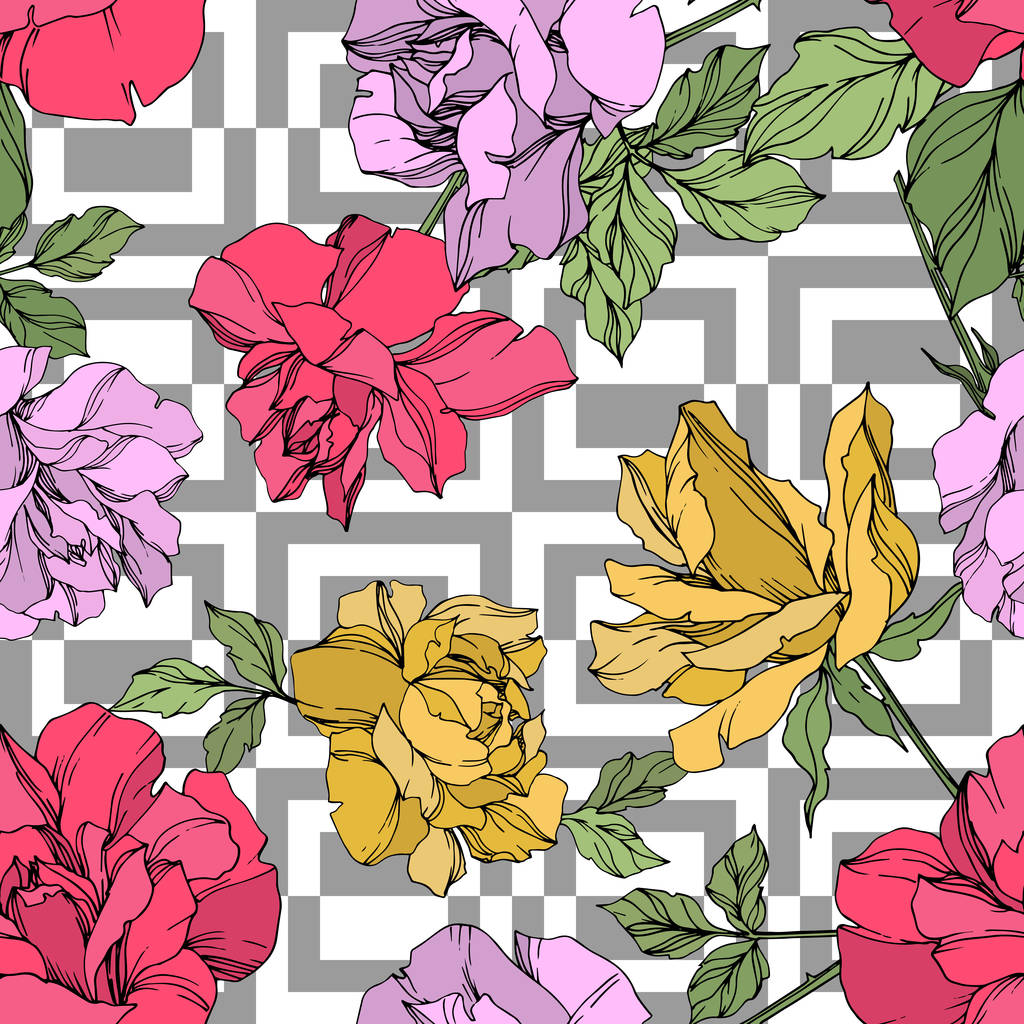 Rosas vectoriales amarillas, rojas y violetas con hojas verdes. Arte de tinta grabada. Patrón de fondo sin costuras
.  - Vector, Imagen
