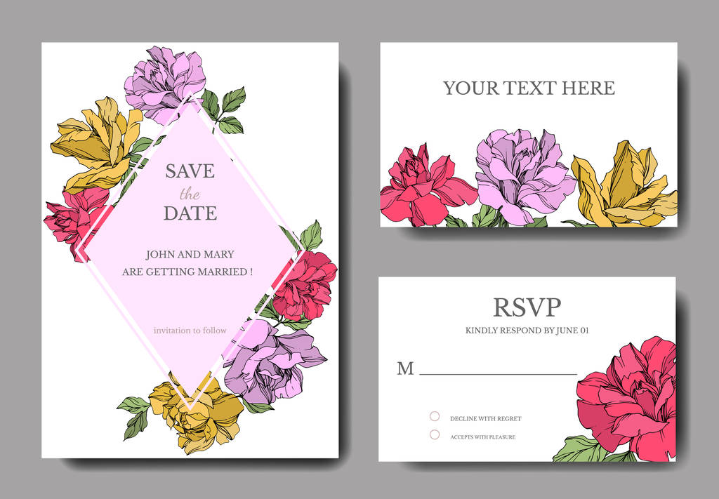 ベクターバラの花インクアートを彫刻 結婚式の背景カード エレガントなカードイラストグラフィックセット ロイヤリティフリーのベクターグラフィック画像