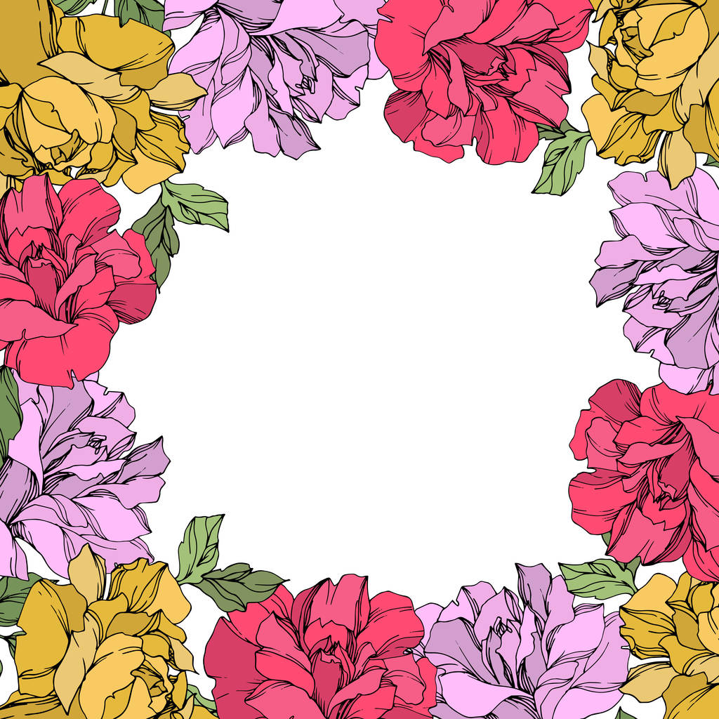 Coroa vetorial de rosas com folhas isoladas em branco com espaço de cópia. Arte de tinta gravada. Ornamento de borda quadro
. - Vetor, Imagem