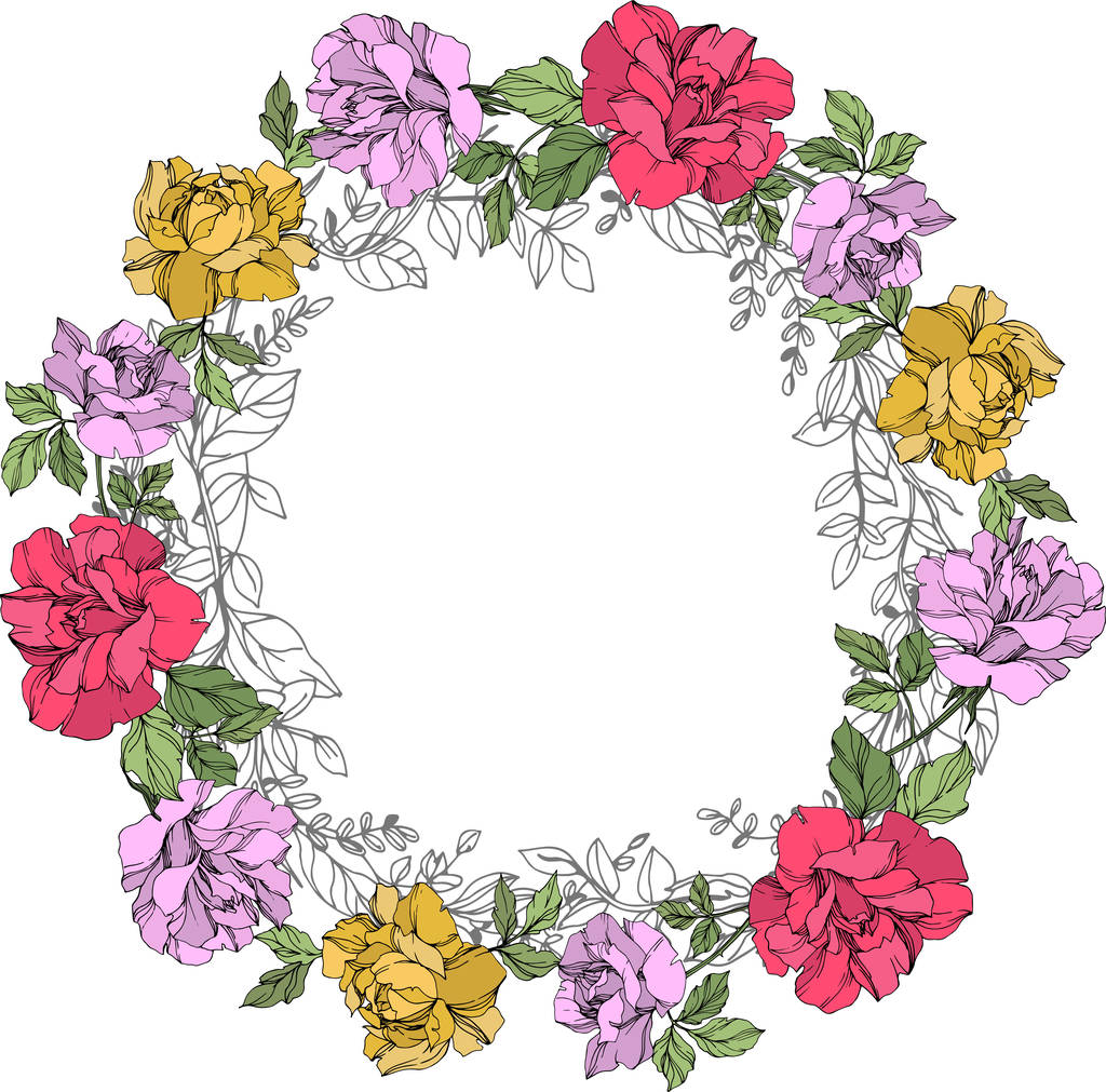 Corona vectorial de rosas con hojas aisladas en blanco con espacio de copia. Arte de tinta grabada. Marco ornamento frontera
. - Vector, imagen