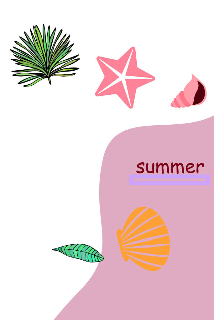 Kesälepo. Meritähti, simpukka, trooppisten kasvien lehdet. Vektorin tausta
 - Vektori, kuva