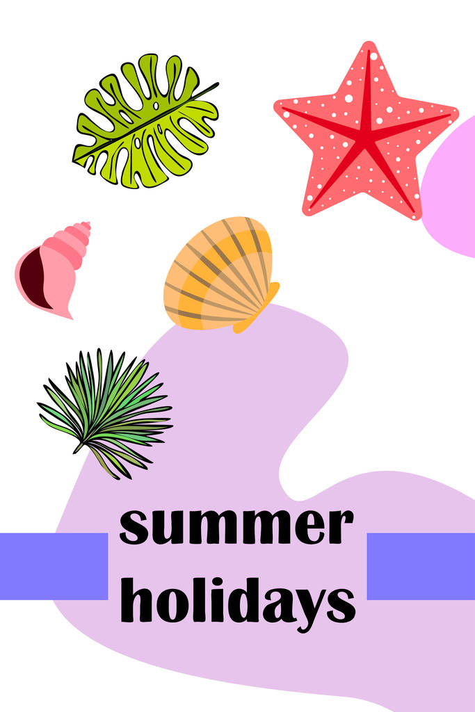 V létě odpočívej. Starfish, seašell, listy tropických rostlin. Vektorové pozadí - Vektor, obrázek