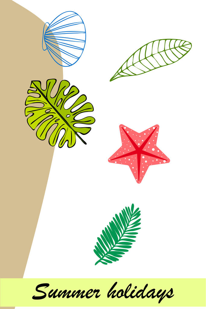 Riposo estivo. Stella marina, conchiglia, foglie di piante tropicali. Sfondo vettoriale
 - Vettoriali, immagini