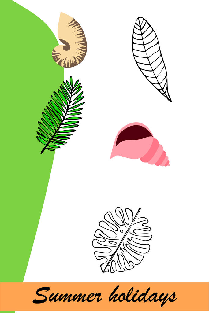 Καλοκαιρινή ξεκούραση. Αστερίας, κοχύλι, φύλλα τροπικών φυτών. Διανυσματικό φόντο - Διάνυσμα, εικόνα